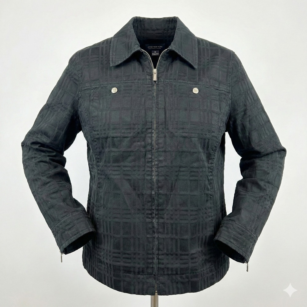 Jones New York Signature Woman Jacket 1X Black Tonal Plaid Full Zip Lightweight